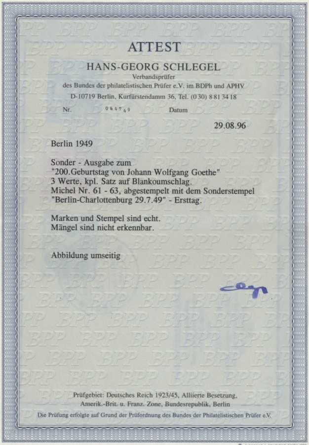 BERLIN 61-63 BRIEF, 1949, Goethe Auf Amtlichem FDC, Pracht, Fotoattest Schlegel, Mi. 700.- - Other & Unclassified