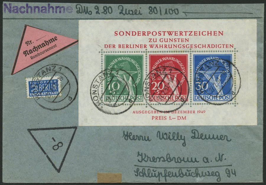 BERLIN Bl. 1 BRIEF, 1957, Block Währungsgeschädigte Auf Nachnahmebrief Aus Konstanz, Minimale Bedarfsspuren, Pracht, Mi. - Other & Unclassified
