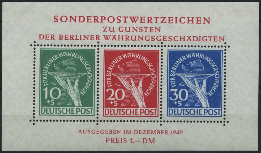 BERLIN Bl. 1III *, 1949, Block Währungsgeschädigte Mit Abart Grüner Punkt Rechts Am Handgelenk, Falzreste Im Rand, Marke - Otros & Sin Clasificación