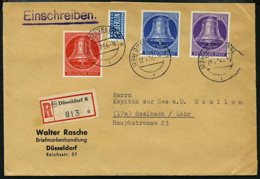 BERLIN 103-05 BRIEF, 1953, 20 - 40 Pf. Glocke Mitte Auf Einschreibbrief Aus Düsseldorf, Pracht - Otros & Sin Clasificación