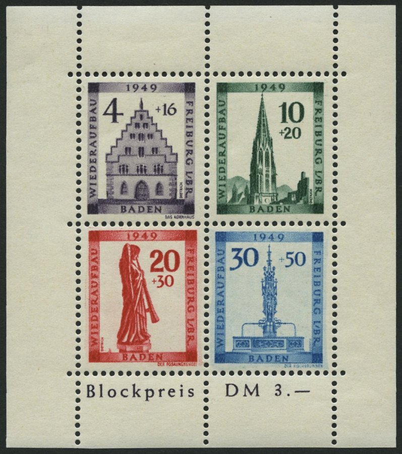 BADEN Bl. 1AI **, 1949, Block Freiburg, Gezähnt, Mit Abart Sirene Neben Sockel Des Engels, Pracht, Gepr. Schlegel, Mi. 3 - Otros & Sin Clasificación