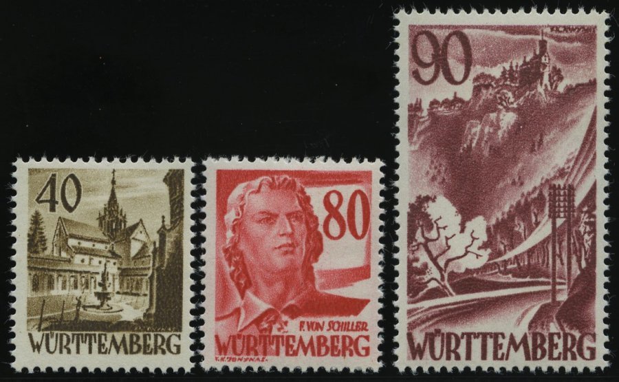 WÜRTTEMBERG 35-37 *, 1948, 40 - 90 Pf. Freimarken, Ohne Währungsangabe, Falzrest, 3 Prachtwerte, Mi. 78.- - Altri & Non Classificati