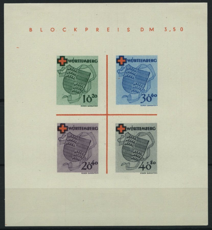 WÜRTTEMBERG Bl. 1I/I *, 1949, Block Rotes Kreuz, Tpye I: Roter Querstrich Links Unterhalb In B In Blockpreis, Falzreste - Otros & Sin Clasificación