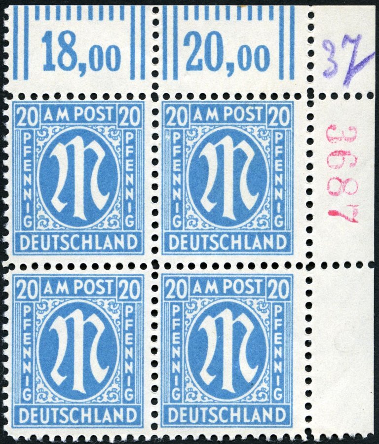 AMERIK. U. BRITISCHE ZONE 26Cr4 VB **, 1945, 20 Pf. Preußischblau, Gezähnt L 111/2:11, Im Viererblock, Mit Roter Nummer, - Other & Unclassified