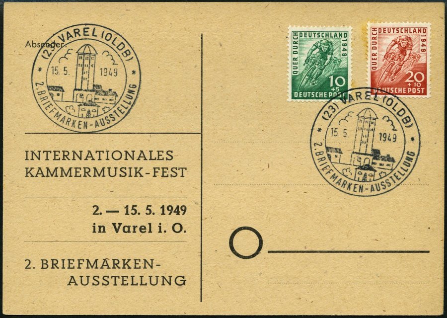 AMERIK. U. BRITISCHE ZONE 106/7 BRIEF, 1949, Radrennen Auf Ersttagskarte Mit Sonderstempel VAREL 2. BRIEFMARKEN-AUSSTELL - Other & Unclassified