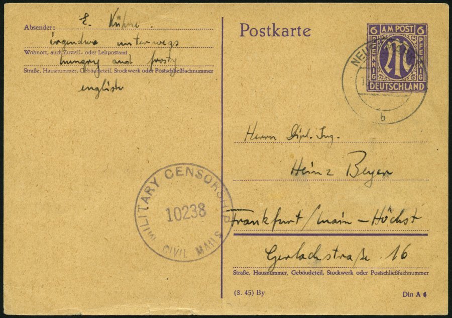 AMERIK. U. BRITISCHE ZONE - GANZSACHEN P 903II03 BRIEF, 1945, 6 Pf. AM-Post, Type II, 4 Geschlossen, Anstrich Der 6 Nach - Otros & Sin Clasificación