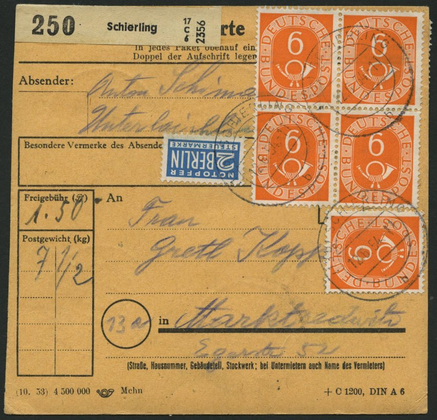 BUNDESREPUBLIK 126 BRIEF, 1954, 6 Pf. Posthorn, 25x Als Seltene Mehrfachfrankatur Vorder- Und Rückseitig Auf Paketkarte, - Otros & Sin Clasificación