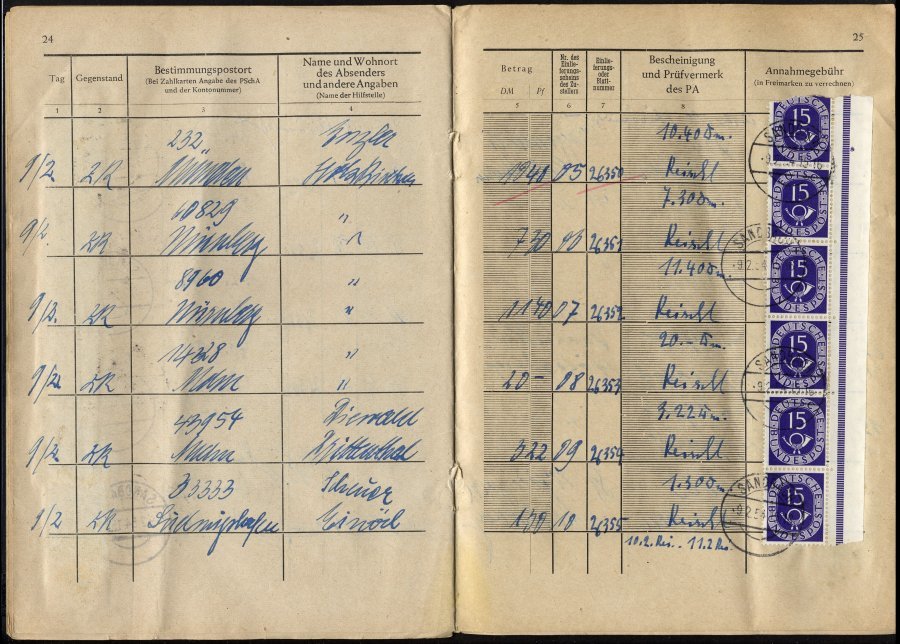 BUNDESREPUBLIK 129 BRIEF, 1953/4, Annahmebuch (Land), Zustellbezirk Nr. I In Sandbach, 32 Seiten Komplett, Die Gebühr Wu - Other & Unclassified