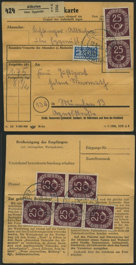 BUNDESREPUBLIK 131 BRIEF, 1954, 25 Pf. Posthorn, 7x Als Mehrfachfrankatur (vorder- Und Rückseitig) Auf Paketkarte Aus AL - Otros & Sin Clasificación