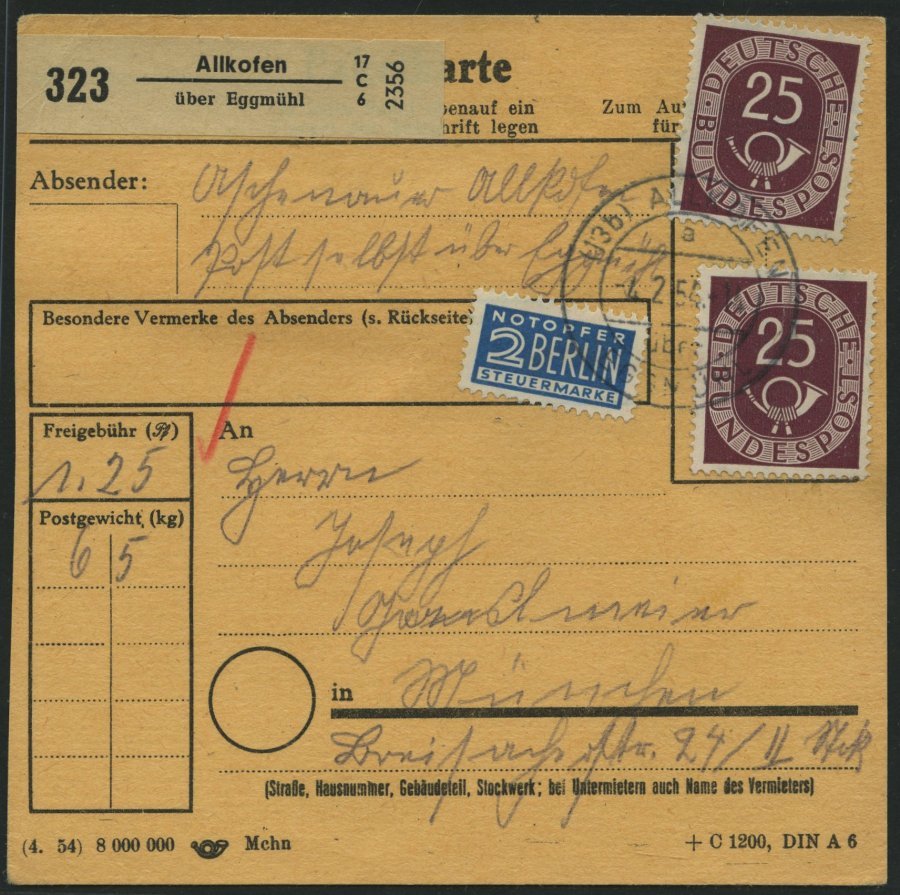 BUNDESREPUBLIK 131 BRIEF, 1954, 25 Pf. Posthorn, 5x Als Mehrfachfrankatur Auf Paketkarte Aus ALIKOFEN, Pracht - Other & Unclassified