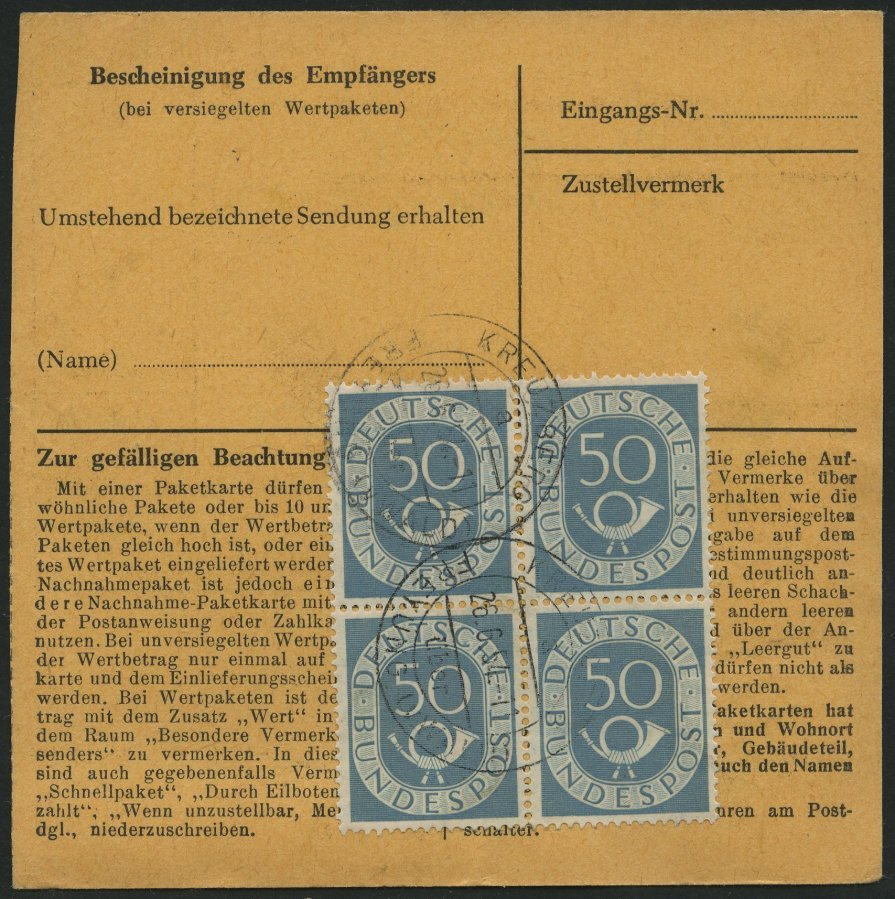 BUNDESREPUBLIK 134 VB BRIEF, 1954, 50 Pf. Posthorn Im Viererblock Rückseitig Mit 20 Pf. Zusatzfrankatur Auf Paketkarte A - Otros & Sin Clasificación