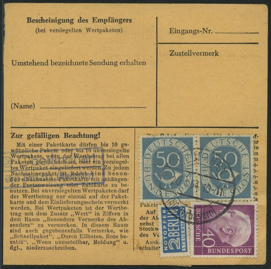 BUNDESREPUBLIK 134 Paar BRIEF, 1954, 50 Pf. Posthorn Im Waagerechten Paar Rückseitig Mit 40 Pf. Zusatzfrankatur Auf Pake - Other & Unclassified