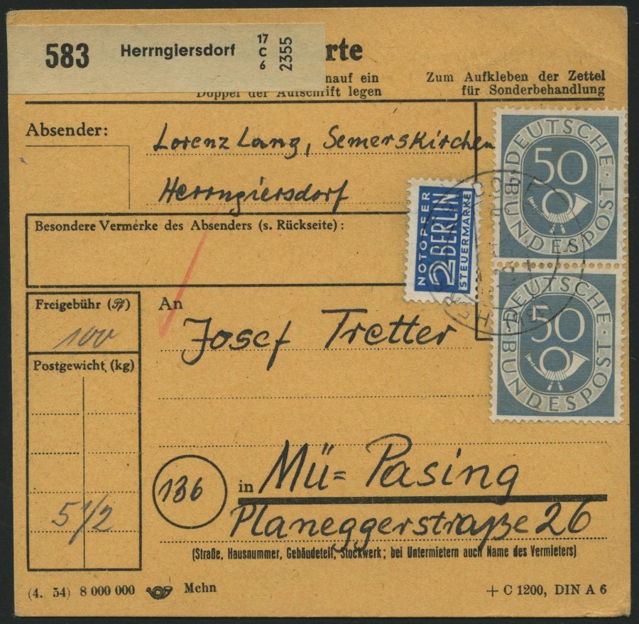 BUNDESREPUBLIK 134 Paar BRIEF, 1954, 50 Pf. Posthorn Im Senkrechten Paar Als Mehrfachfrankatur Auf Paketkarte Aus HERRNG - Other & Unclassified