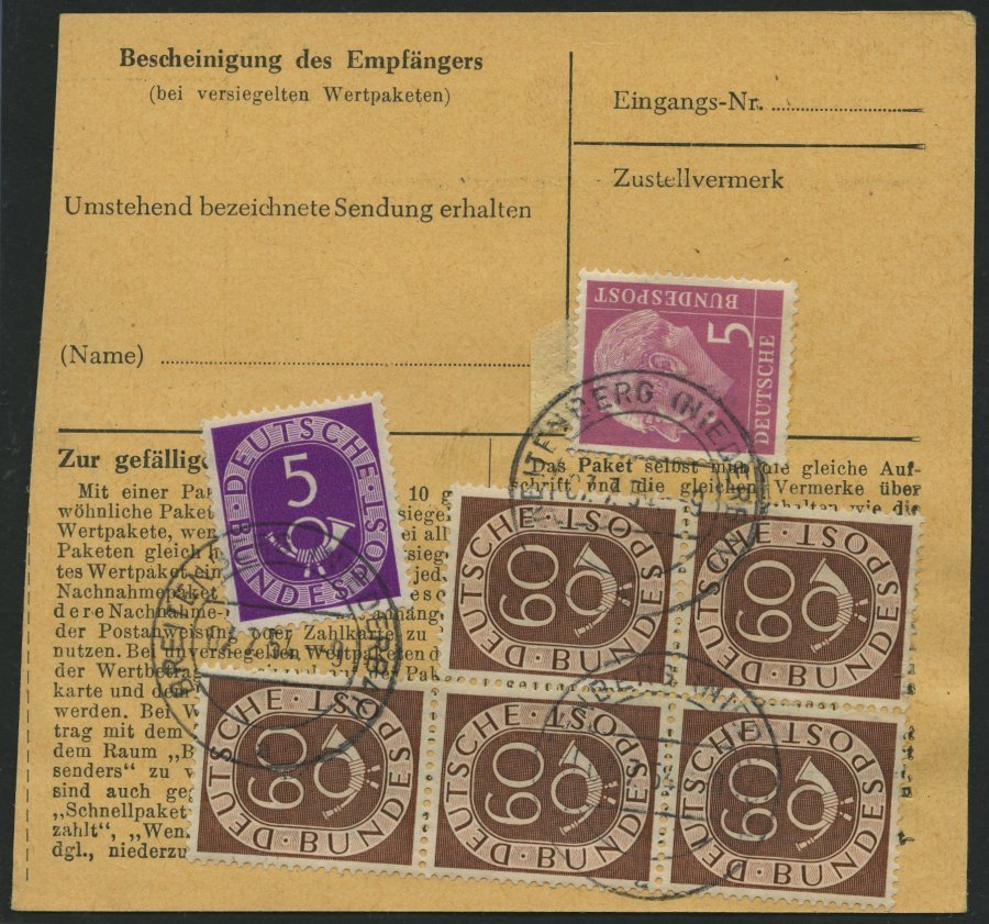 BUNDESREPUBLIK 135 BRIEF, 1954, 60 Pf. Posthorn Im Fünferblock Rückseitig Mit 10 Pf. Zusatzfrankatur Auf Paketkarte Aus - Other & Unclassified