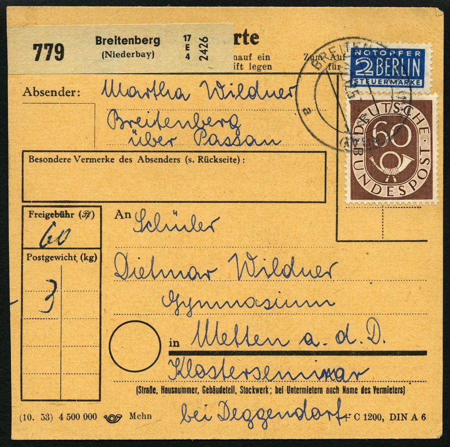 BUNDESREPUBLIK 135 BRIEF, 1954, 60 Pf. Posthorn, 20x Als Einzelfrankatur Auf Paketkarte, Aus Verschiedenen Niederbayrisc - Otros & Sin Clasificación