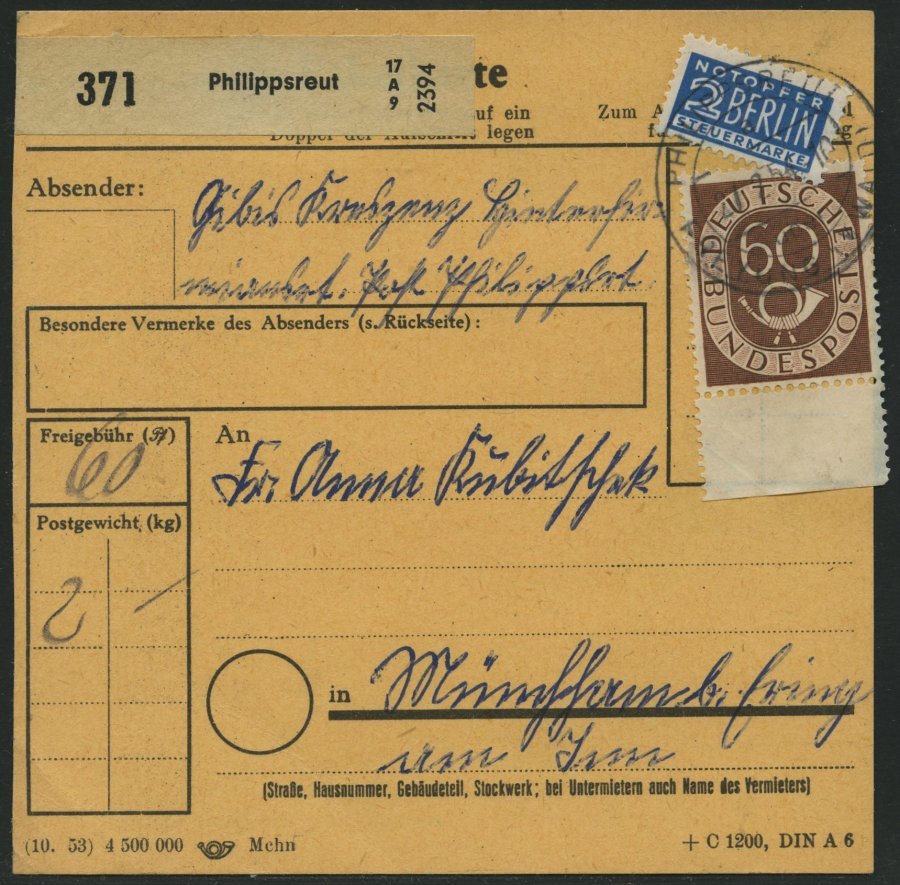 BUNDESREPUBLIK 135 BRIEF, 1954, 60 Pf. Posthorn Mit Unterrand (dort Bug) Als Einzelfrankatur Auf Paketkarte Aus PHILIPPS - Otros & Sin Clasificación