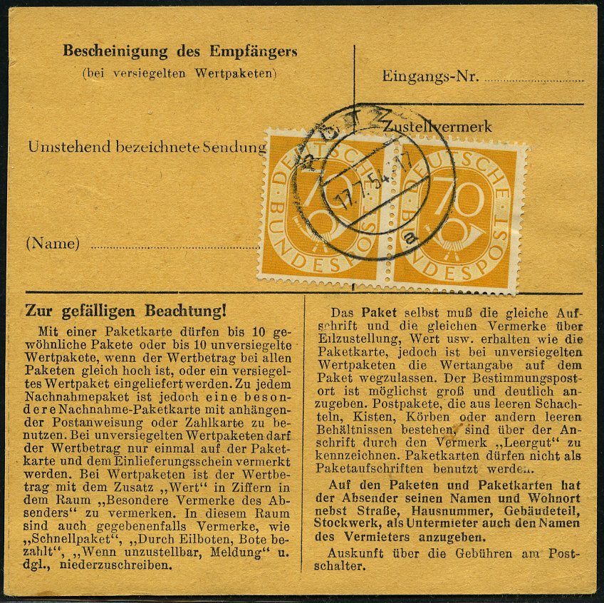 BUNDESREPUBLIK 136 Paar BRIEF, 1954, 70 Pf. Posthorn Im Waagerechten Paar Rückseitig Auf Paketkarte Aus RÖTZ, Vorderseit - Otros & Sin Clasificación