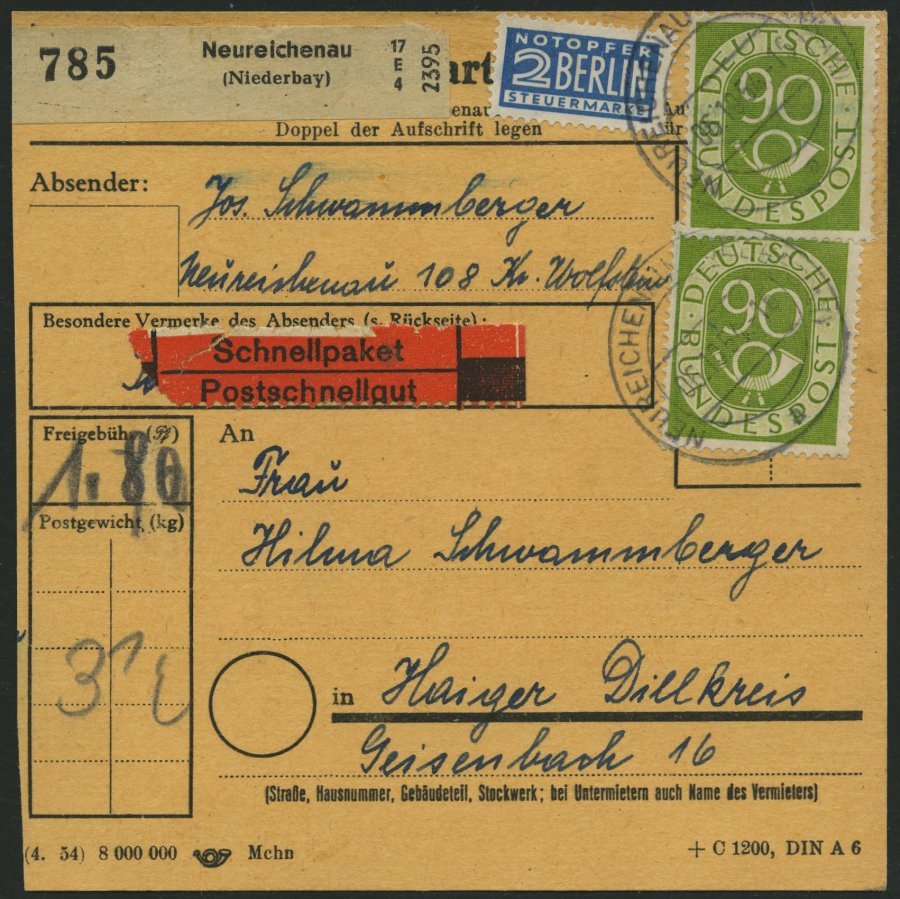 BUNDESREPUBLIK 138 BRIEF, 1954, 90 Pf. Posthorn, 2x Als Mehrfachfrankatur Auf Schnellpaketkarte Aus NEUREICHENAU, Normal - Otros & Sin Clasificación