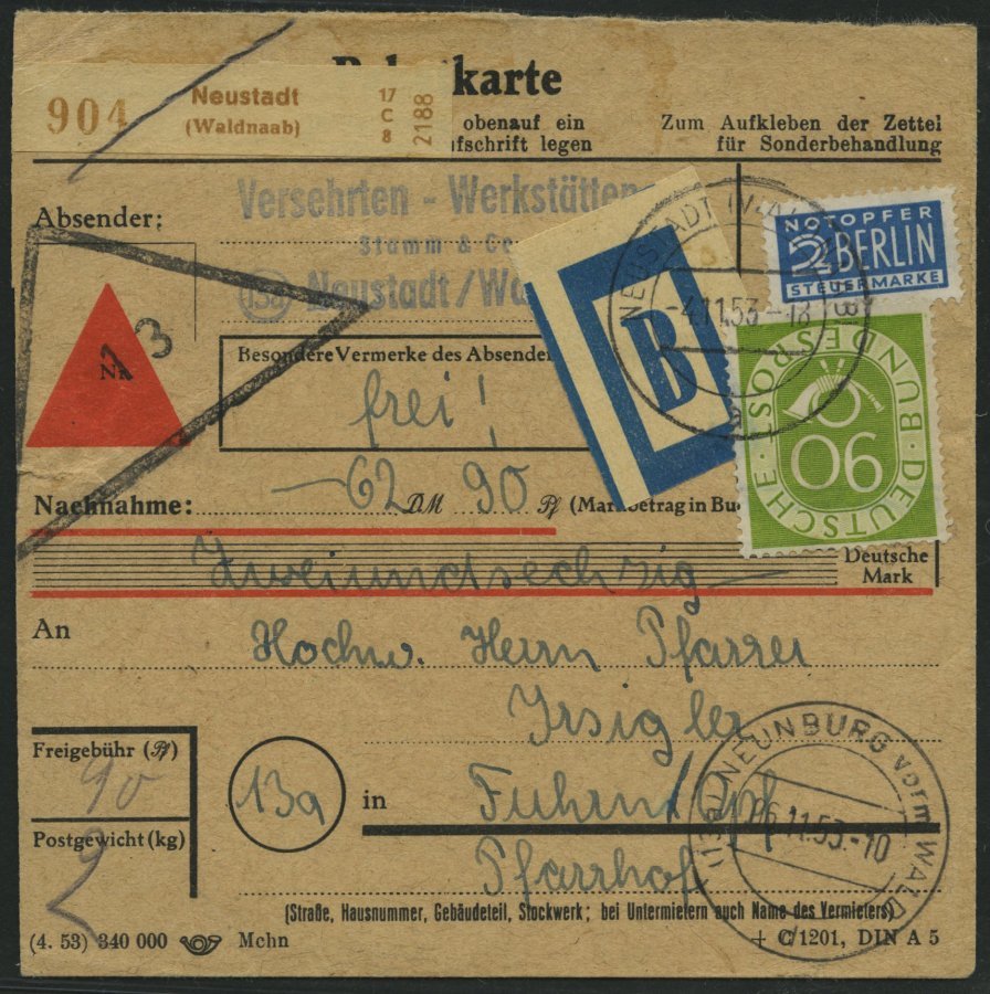 BUNDESREPUBLIK 138 BRIEF, 1953, 90 Pf. Posthorn, Einzelfrankatur Mit Klebezettel Auf Nachnahme-Paketkarte Aus NEUSTADT ( - Otros & Sin Clasificación