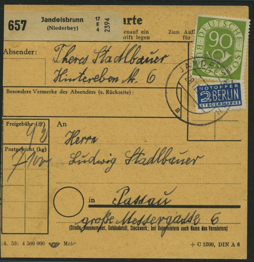 BUNDESREPUBLIK 138 BRIEF, 1953, 90 Pf. Posthorn, Einzelfrankatur Auf Paketkarte Aus JANDELSBRUNN, Pracht - Otros & Sin Clasificación