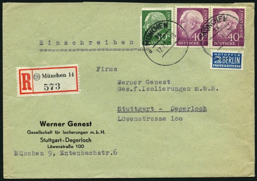 BUNDESREPUBLIK 188 Paar BRIEF, 1954, 40 Pf. Heuss Im Waagerechten Paar Mit 10 Pf. Zusatzfrankatur (defekt) Auf Bedarfs-E - Otros & Sin Clasificación