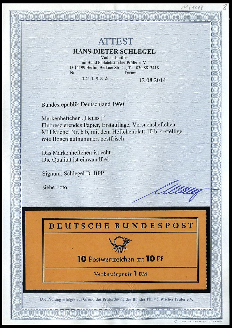 ZUSAMMENDRUCKE MH 6b **, 1960, Markenheftchen Heuss Lumogen, Erstauflage, Mit Roter Bogenlaufnummer, Pracht, Fotoattest - Other & Unclassified