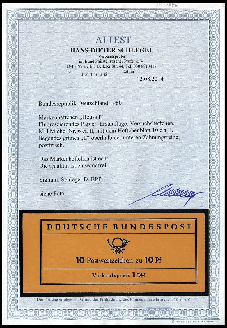 ZUSAMMENDRUCKE MH 6caII **, 1960, Markenheftchen Heuss Lumogen, Erstauflage, Mit Liegendem Grünen L Oberhalb Der Unteren - Other & Unclassified