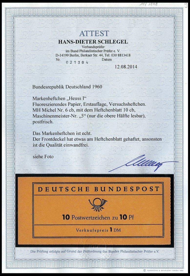 ZUSAMMENDRUCKE MH 6cb **, 1960, Markenheftchen Heuss Lumogen, Erstauflage, Mit Druckereizeichen 5 (nur Die Obere Hälfte - Other & Unclassified