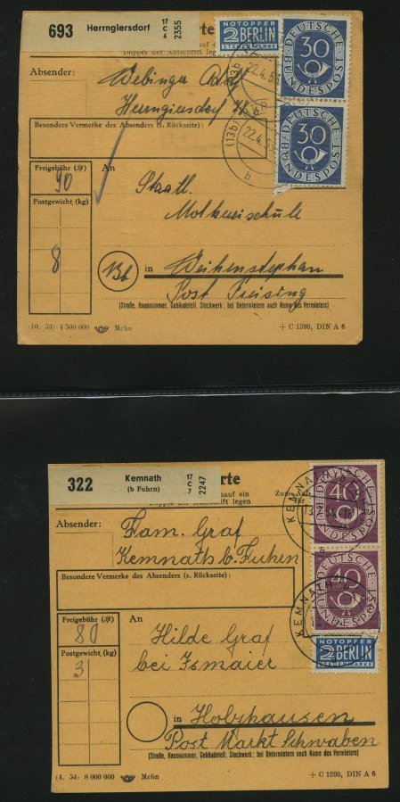 SAMMLUNGEN 1953/4, interessante Sammlung von 40 Paketkarten mit verschiedenen Posthorn-Frankaturen, dabei auch Einzelfra