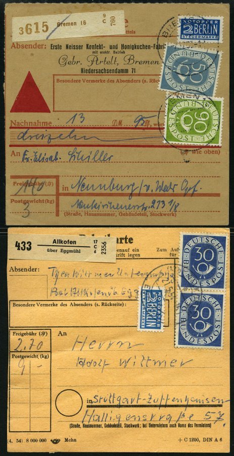 LOTS 1953/4 19 Paketkarten Mit Verschiedenen Posthornfrankaturen, U.a. Mi.Nr. 134 MeF, 137 EF, 3 Karten Mit Nr 138 Etc., - Usados