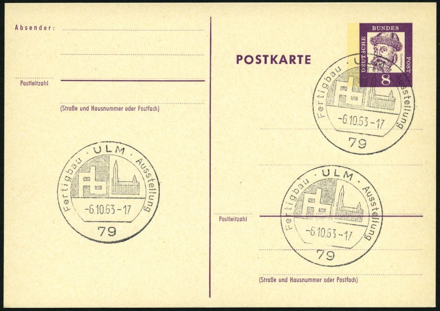 GANZSACHEN P 73 BRIEF, 1962, 8 Pf. Gutenberg, Postkarte In Grotesk-Schrift, Leer Gestempelt Mit Sonderstempel ULM FERTIG - Collezioni