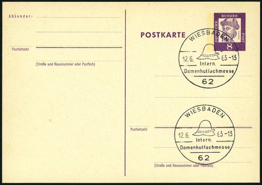 GANZSACHEN P 73 BRIEF, 1962, 8 Pf. Gutenberg, Postkarte In Grotesk-Schrift, Leer Gestempelt Mit Sonderstempel WIESBADEN - Collections