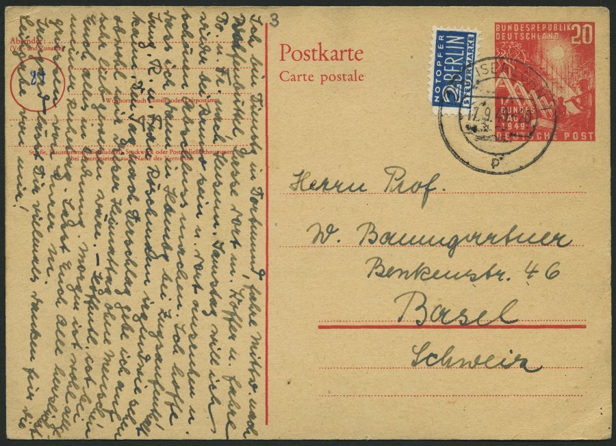 GANZSACHEN PSo 2 BRIEF, 1949, 20 Pf. Bundestag, Bedarfskarte In Die Schweiz, Pracht, Mi. 150.- - Collezioni