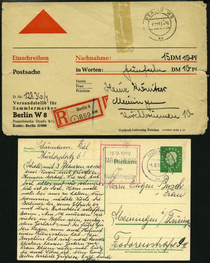 BUND/BERLIN POSTKRIEG Brief,o,BrfStk , 1949-65, 10 Verschiedene Postkriegsbelege Sowie 3 Einzelwerte, Feinst/Pracht - Cartas & Documentos