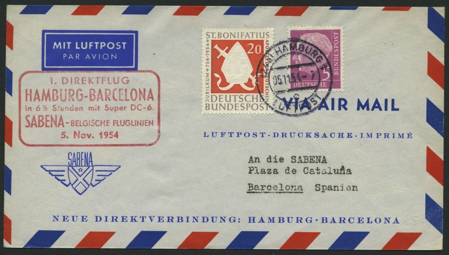 ERST-UND ERÖFFNUNGSFLÜGE 2496 BRIEF, 5.11.54, Hamburg-Barcelona, Prachtbrief - Storia Postale