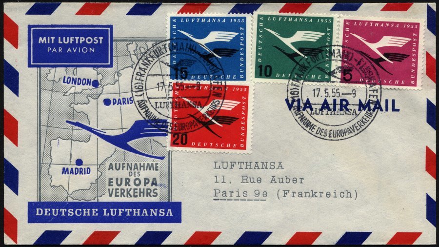 DEUTSCHE LUFTHANSA 32 BRIEF, 17.5.1955, Frankfurt-Paris, Prachtbrief - Cartas & Documentos