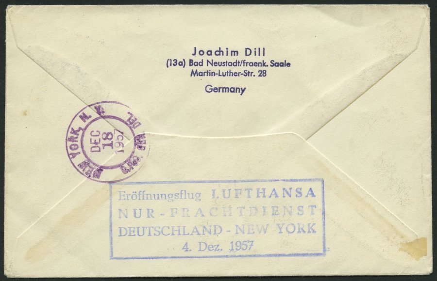 DEUTSCHE LUFTHANSA Brief , 4.12.1957, Deutschland-New York, Nur Frachtdienst, Prachtbrief - Cartas & Documentos