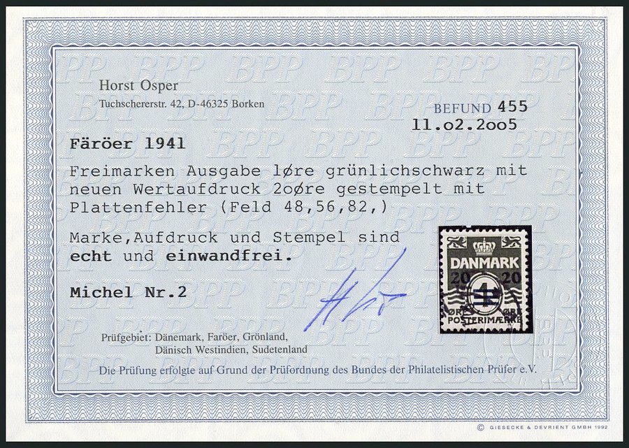 FÄRÖER 2 O, 1941, 20 Ø Auf 1 Ø Grünlichschwarz Mit Abart Kürzerer Mittlerer Balken, Pracht, Gepr. Dr. Debo, Fotobefund O - Otros & Sin Clasificación