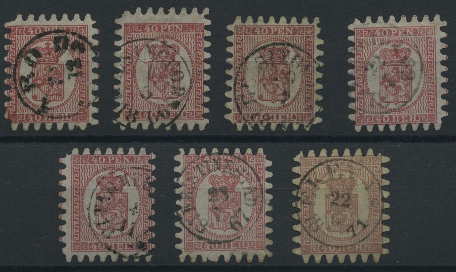 FINNLAND 9Bx O, 1866, 40 P. Rosakarmin, 7 Prachtwerte Mit Allen Zungen In Verschiedenen Farbnuancen - Otros & Sin Clasificación