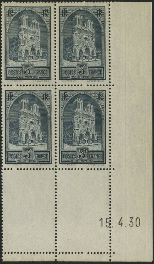 FRANKREICH 256I VB **, 1930, 3 Fr. Kathedrale Von Reims, Type I, Im Eckrandviererblock Mit Druckdatum: 15.4.30, Pracht, - Otros & Sin Clasificación