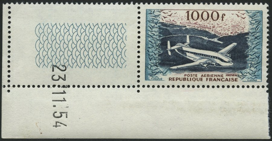 FRANKREICH 990 **, 1954, 1000 Fr. Frachtflugzeug, Bogenrand Mit Druckdatum, Pracht - Other & Unclassified