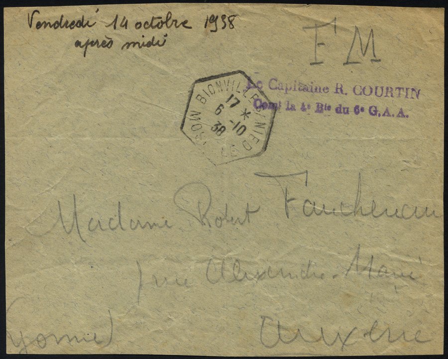 FRANKREICH FELDPOST 1938, Violetter Absenderstempel Le Capitaine R. Courtin, Con La 4 D Du 6 G.A.A. Auf Briefvorderseite - Other & Unclassified