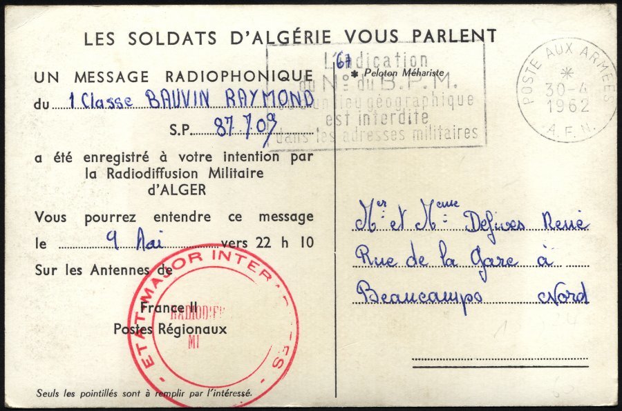 FRANKREICH FELDPOST 1962, Seltene Feldpost-Radiokarte, In Der Mitgeteilt Wird, Daß Die Grüße Am 9. Mai 1961 Gegen 22.10 - Otros & Sin Clasificación