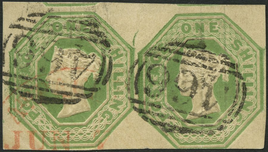 GROSSBRITANNIEN 7 Paar O, 1847, 1 Sh. Mattgelbgrün, Platte WW1, Im Waagerechten Meist Riesenrandigen Paar, Nummernstempe - Oblitérés