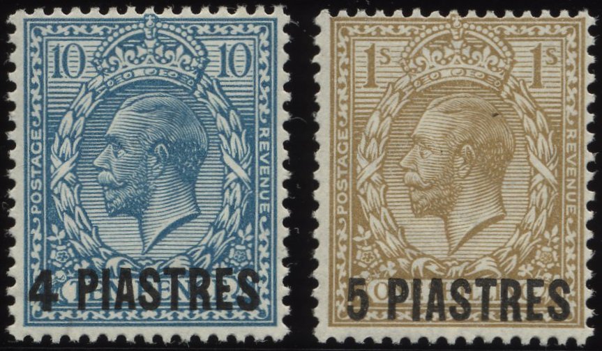 POST IN DER TÜRKEI 43/4 *, 1913, 4 Pia. Auf 10 P. Grünblau Und 5 Pia. Auf 1 Sh. Ockerbraun, Falzrest, 2 Prachtwerte, Mi. - Other & Unclassified