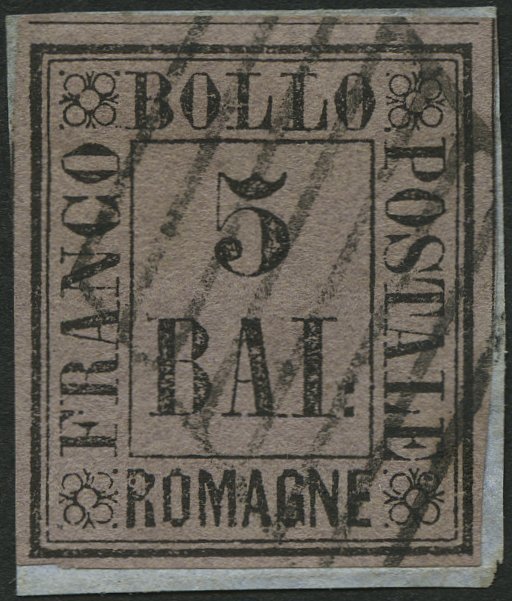 ROMAGNA 6 BrfStk, 1859, 5 Baj. Schwarz Auf Violett Auf Knappem Briefstück, Pracht, Gepr. U.a. Drahn, Mi. 420.- - Romagna