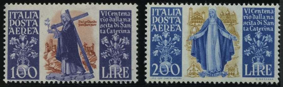 ITALIEN 744/5 *, 1948, 100 Und 200 L. Flugpost Heilige Katharina Von Siena, Falzrest, 2 Prachtwerte - Italy
