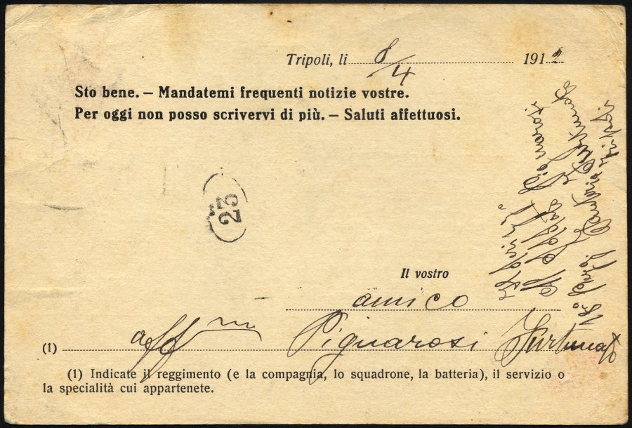 MILITÄRPOST 1912, Feldpoststempel DIVISIONE TRIPOLITANIA Auf Seltener Feldpost-Vordruckkarte (Vordruck Zu Deutsch: Es Ge - Italia