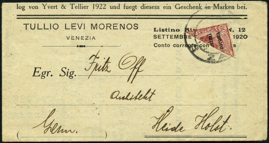 BES.GEB. JULISCH-VENETIEN 4 BRIEF, 1920, 10 H. Rotkarmin, Diagonal Halbiert Auf Preisliste Von VENEZIA Nach Deutschland, - Unclassified