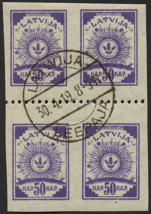 LETTLAND 22y VB O, 1919, 50 K. Violett, Senkrecht Geripptes Papier, Im Viererblock Mit Waagerechter Zähnung L 9 3/4, Pra - Latvia